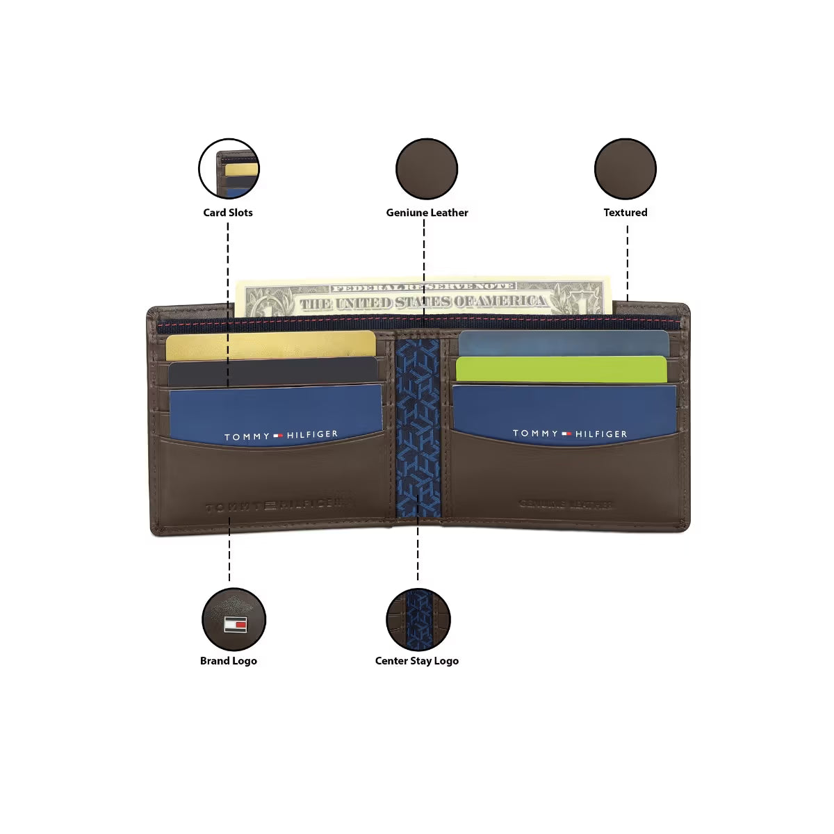 Tommy Hilfiger Arke Mens Leather Slim Fold Wallet Print Brown